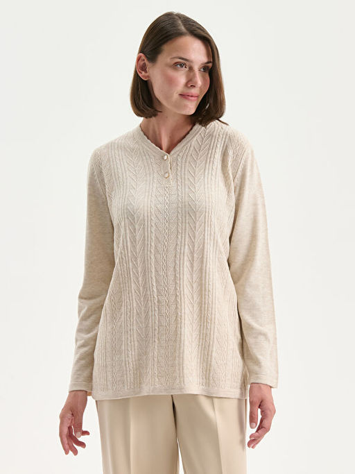 V Yaka Kendinden Desenli Kad?n Triko Kazak