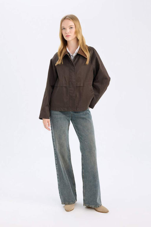 Классический покрой, воротник-поло, карманы на кнопках, вощеная бархатная сезонная тонкая куртка, пальто - Defacto фото 6