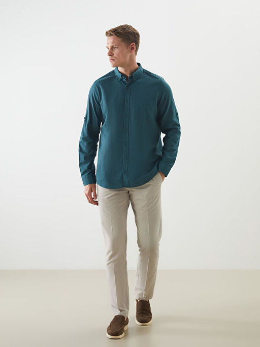 Regular Fit Uzun Kollu Keten Kar???ml? Erkek G?mlek