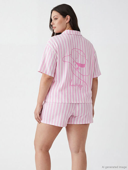 G?mlek Yaka ?izgili Kad?n ?ortlu Pijama Tak?m?