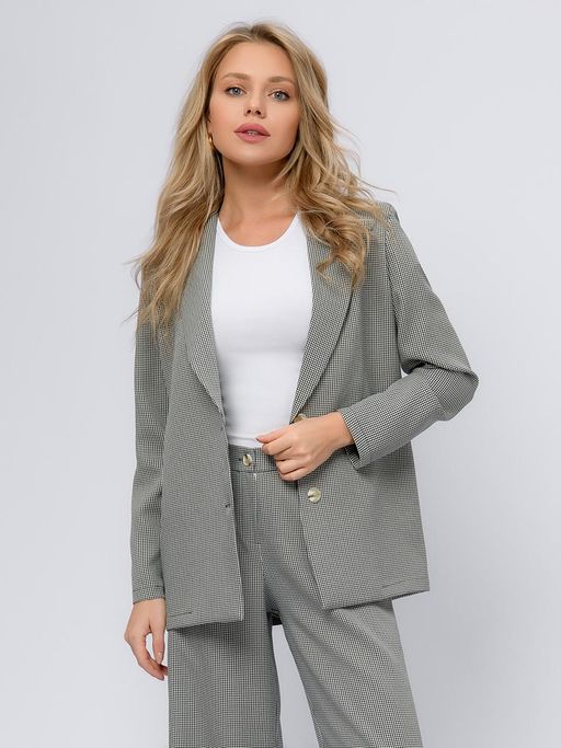 Жакет черный в мелкую клетку удлиненный с отложным воротником - 1001dress фото 6