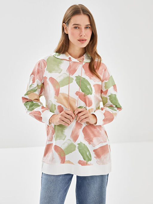 Kap??onlu Desenli Kad?n Sweatshirt Tunik