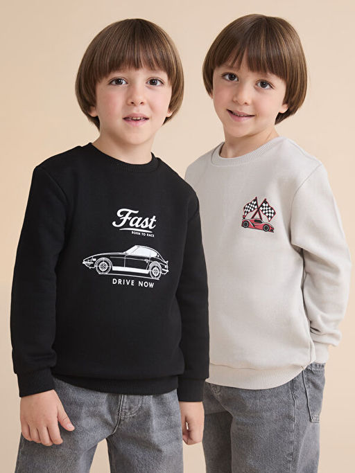 Araba Bask?l? Erkek ?ocuk Sweatshirt 2li