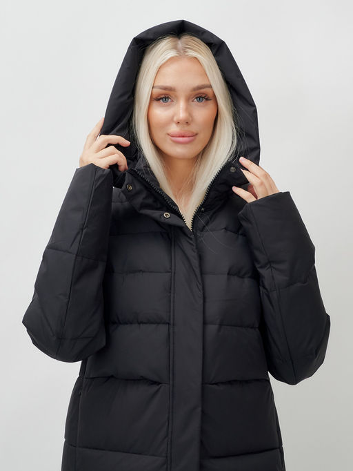 Пальто утепленное стеганное зимнее с капюшоном женское черного цвета 9620Ch - Mtforce фото 6