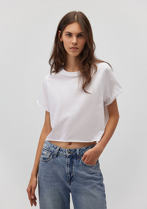 Beyaz Basic Tisort - Mavi фото 2