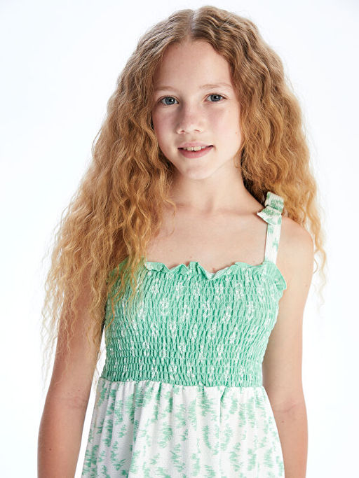 Kare Yaka ?i?ekli K?z ?ocuk Elbise