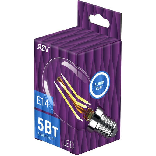 Лампа filament, шар, G45, белый свет, 5Вт, E14, 4000K, 545Лм, 32358 7, REV