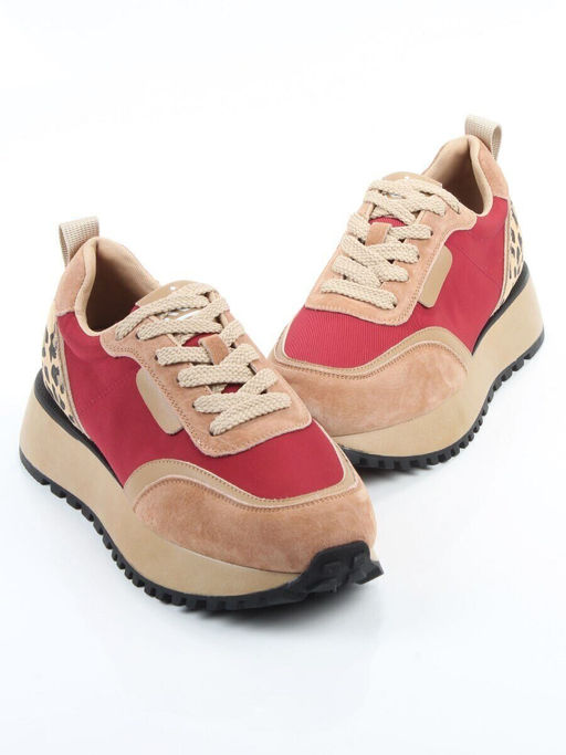 04-PDJ96-3 BEIGE/RED Кроссовки демисезонные женские (натуральная замша, натуральная кожа, текстиль)