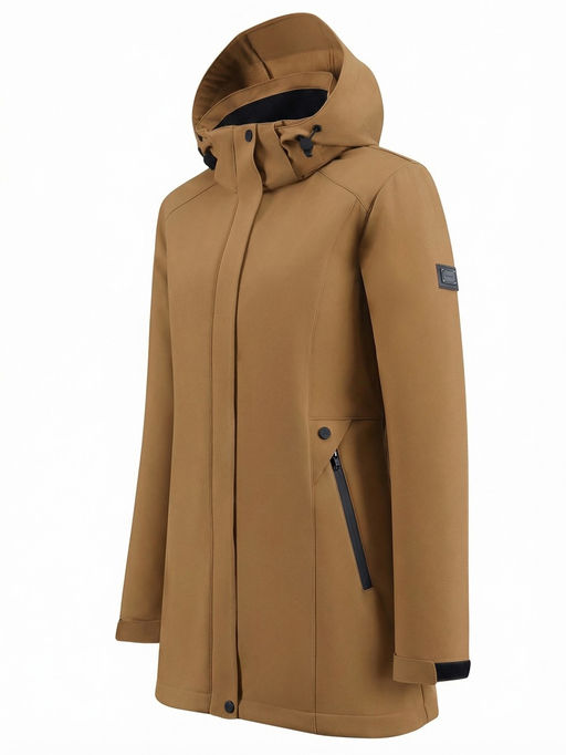 Парка женская софтшелл виндстоппер удлинённая с капюшоном горчичного цвета 9614_1G