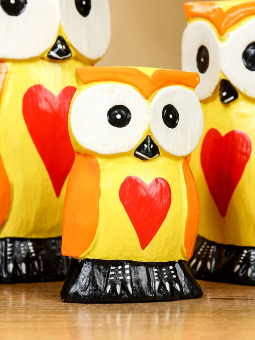 Набор сувенирный Совята с сердечком, h=15 см, h=12.5 см, h=9.5 см, дерево, оранжево-желтый