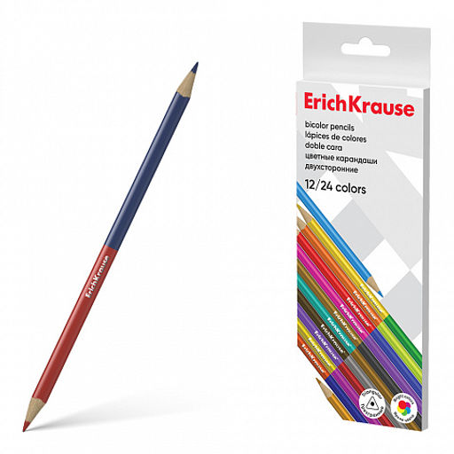 Цена за 12 шт. Цветные карандаши деревянные ErichKrause Bicolor трехгранные двусторонние 24 цвета (в коробке с европодвесом 12 шт)