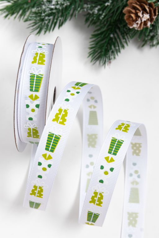 Лента репсовая 1,5 см с рисунком Подарки SF-5769, белый №01 - Больше подарков фото 2