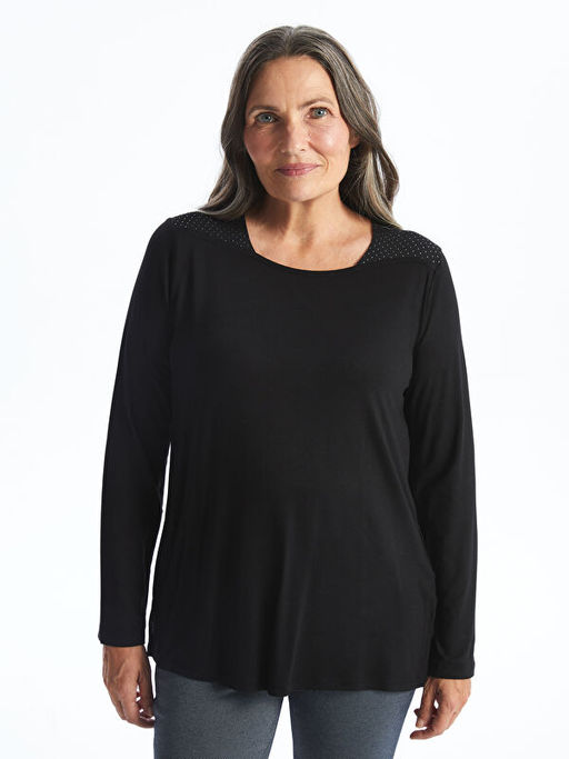 Kare Yaka Parlak Ta?l? Uzun Kollu Kad?n Bluz