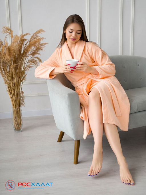Женский махровый халат с шалькой персиковый МЗ-02 (32)