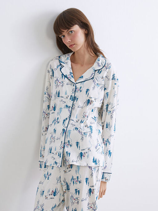 G?mlek Yaka Y?lba?? Temal? Kad?n Pijama Tak?m?