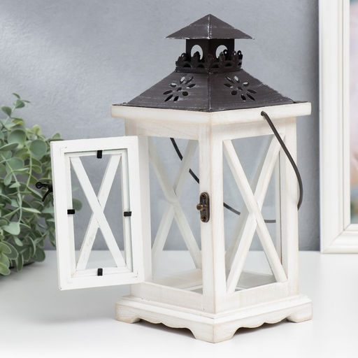 Деревянный подсвечник-фонарь на 1 свечу «Ставни», беж, 28×12.5×12.5 см