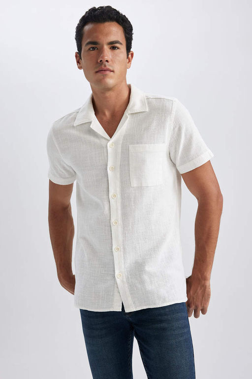 Хлопковая рубашка обычного кроя с открытым воротником и короткими рукавами - Defacto фото 4