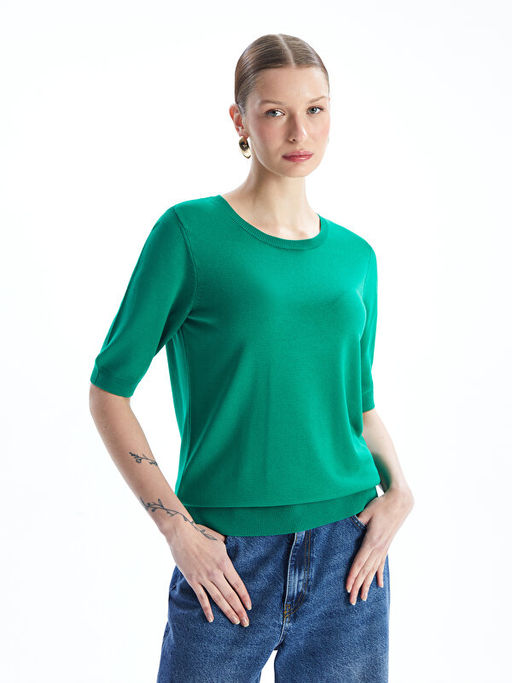 Bisiklet Yaka D?z K?sa Kollu Kad?n Triko Kazak