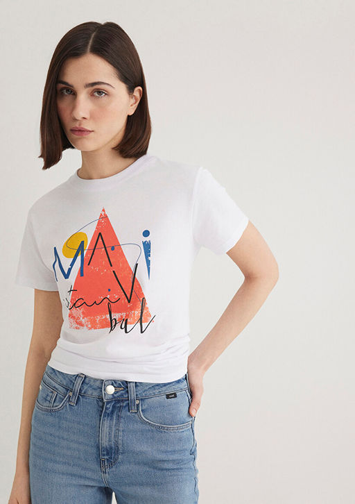 Ucgen Bask?l? Beyaz Istanbul Tisort - Mavi фото 2