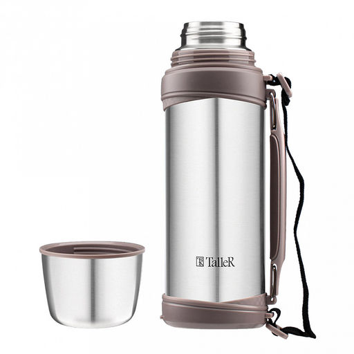 Термос из нержавеющей стали с узкой горловиной 1л "Experience" д9,5см, h28,5см, горло д5,1см, полировка матовая, винтовая пробка, кнопочный переключатель, завинчивающаяся крышка-кружка, ручка, ремень, "TalleR" (Китай)