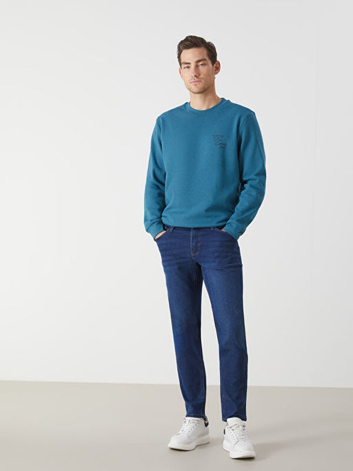 Bisiklet Yaka Uzun Kollu Bask?l? Erkek Sweatshirt