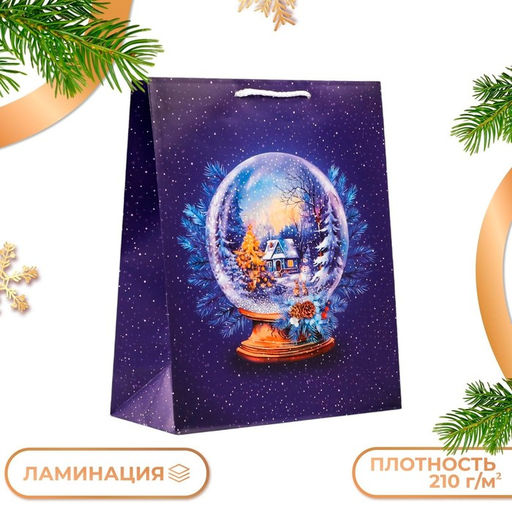 Цена за 2 шт. Пакет подарочный новогодний ламинированный Стеклянный шар, на синем, 26?32?12 см