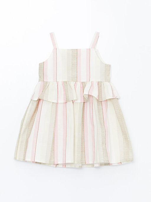 Kare Yaka Ask?l? Keten Kar???ml? K?z Bebek Elbise