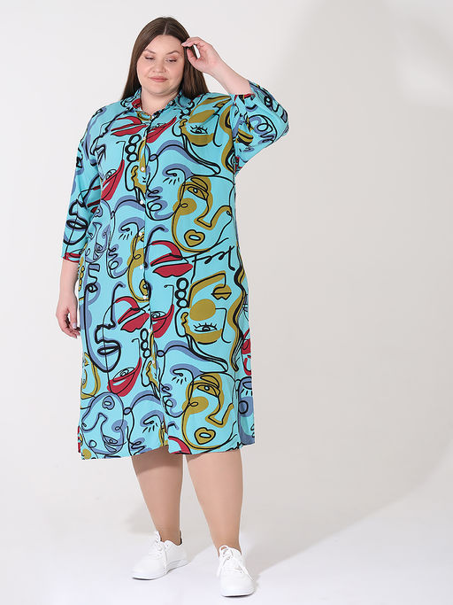 Платье-рубашка бирюзовое с авангардным рисунком - Almond фото 4