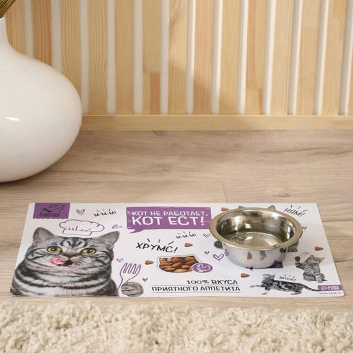 Коврик под миску «Кот не работает, кот ест!» 43×28 см