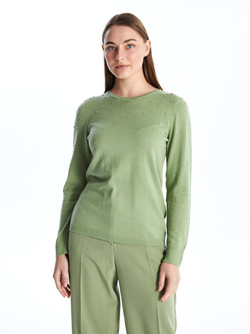 Bisiklet Yaka Kendinden Desenli Uzun Kollu Kad?n Triko Kazak