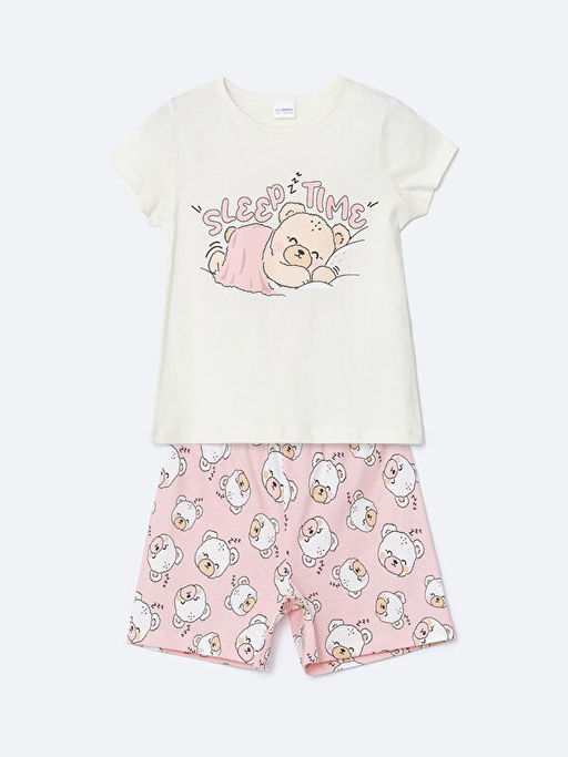 Bask?l? K?z ?ocuk Pamuklu ?ortlu Pijama Tak?m?