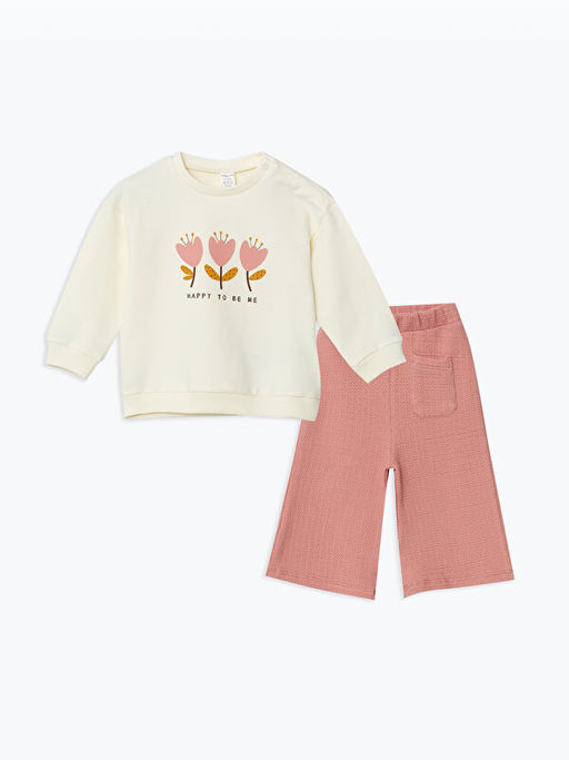 Bisiklet Yaka ?i?ekli K?z Bebek Bluz ve Pantolon 2li
