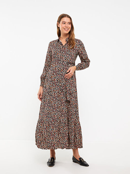 G?mlek Yaka Desenli Uzun Kollu Viskon Hamile Elbise