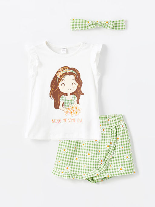 Bisiklet Yaka K?sa Kollu Bask?l? K?z Bebek Ti??rt ve ?ort Etek 2li Tak?m