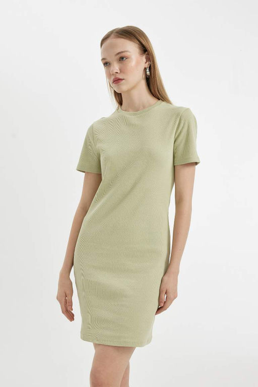 Мини-платье Bodycon с круглым вырезом в рубчик и короткими рукавами - Defacto фото 3