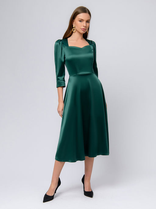 Платье изумрудного цвета длины миди с объемными рукавами и вырезом каре - 1001dress фото 6