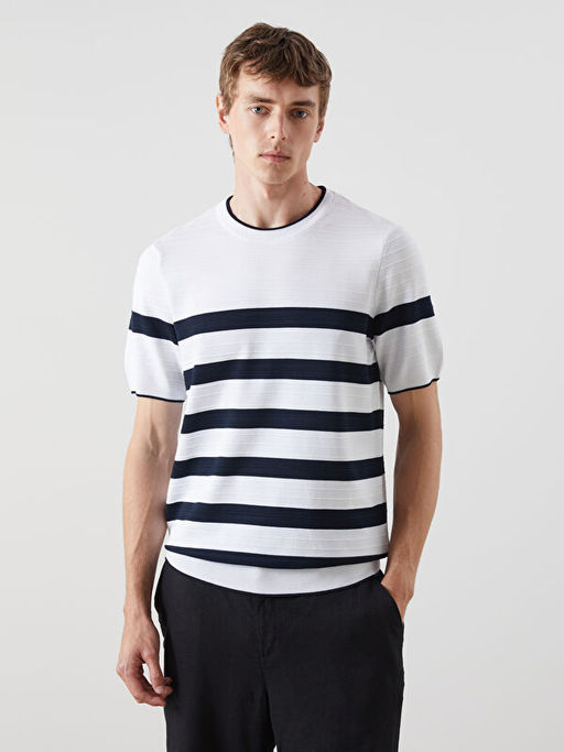 Bisiklet Yaka K?sa Kollu ?izgili Erkek Triko Kazak