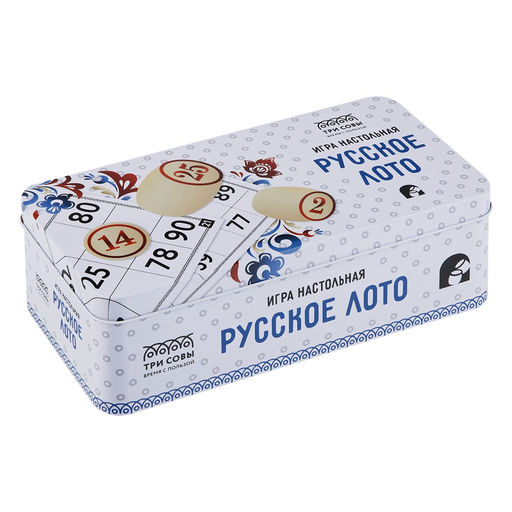 Лото "Русское" с деревянными бочонками, метал.коробка (НИ_66976) "ТРИ СОВЫ"