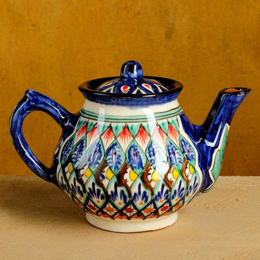 Набор чайный Риштанская керамика, 4 предмета: чайник 700 мл, 2 пиалы d=9.5 см, тарелка d=17 см, синий