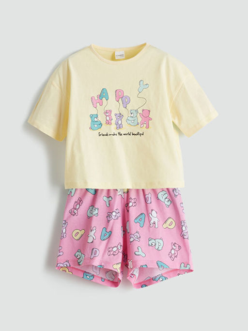 Bask?l? K?z ?ocuk ?ortlu Pijama Tak?m