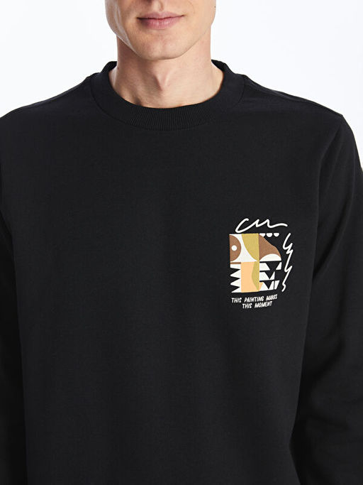 Bisiklet Yaka Bask?l? Erkek Kal?n Sweatshirt