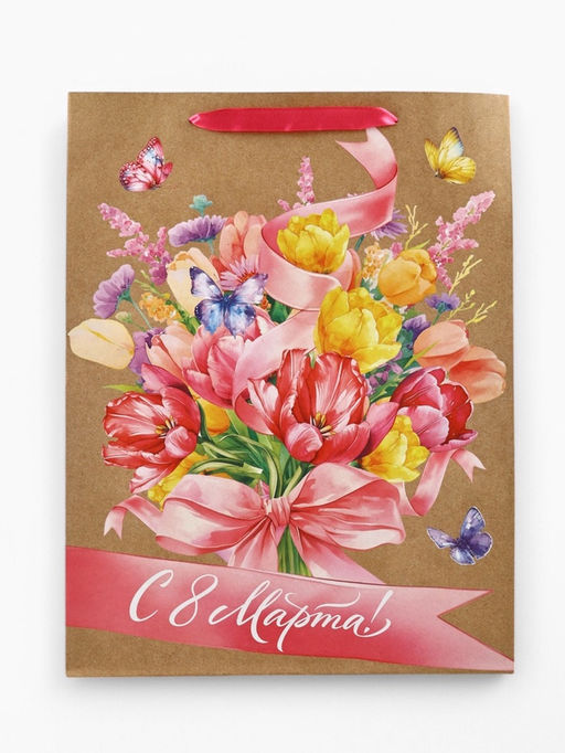 Цена за 2 шт. Пакет подарочный крафтовый 8 марта, L 31?11.5?40 см