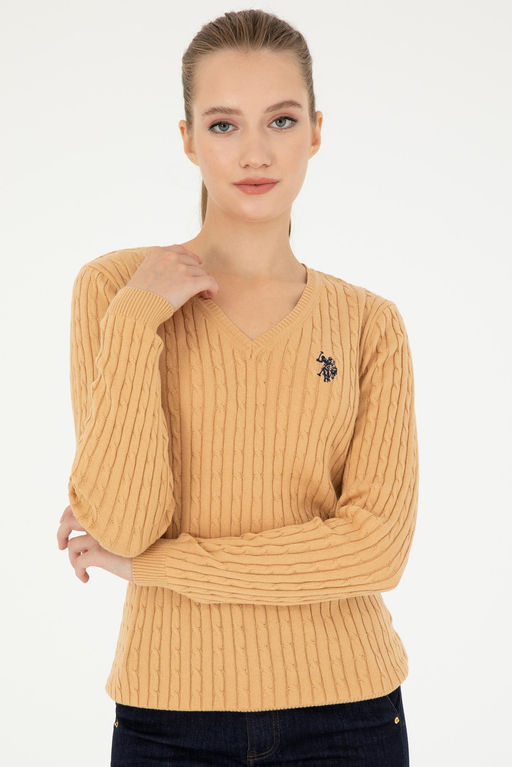 Женский базовый свитер светло-коричневого цвета с v-образным вырезом Неожиданная скидка в корзине - U.s. polo assn фото 3