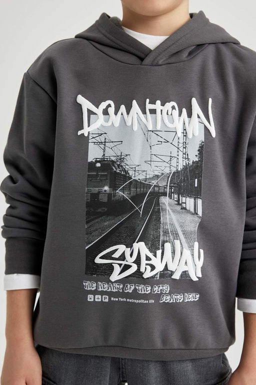 Толстая толстовка с капюшоном и принтом для мальчиков - Defacto фото 4