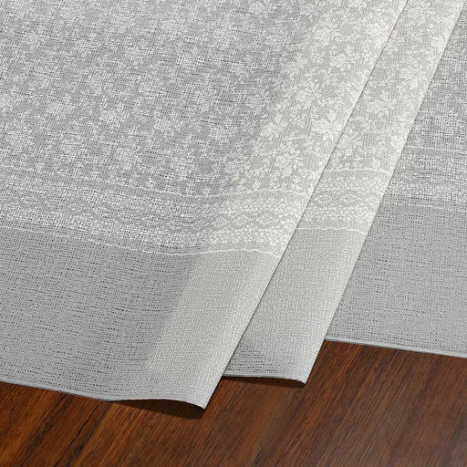Скатерть ПВХ "Жаккард" 137х110см, длина стола до 90см, на 4 персоны, "LACE" фактурная, на пленке, тиснение на сером, белый штамп, упак. "классическая" п/э 28х41см т.м. "Домашняя Мода" (Китай)