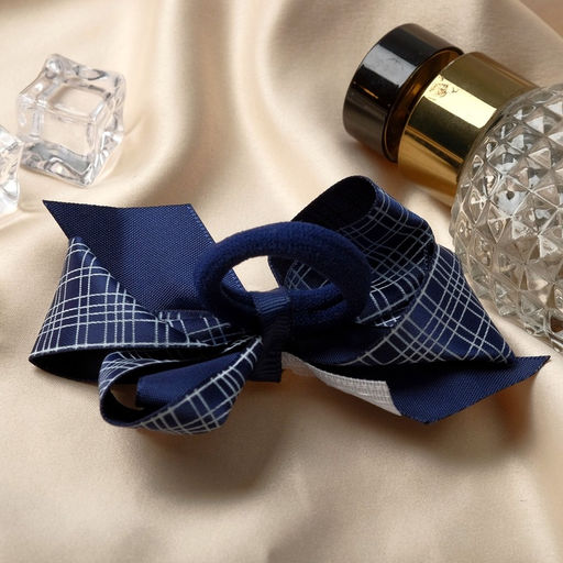 Цена за 6 шт. Резинка для волос «Школьница», бант двойная клетка, 9 см, бело-синяя