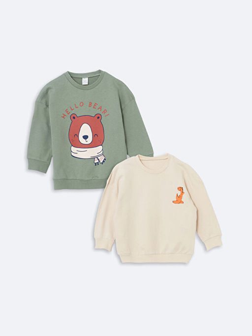 Bisiklet Yaka Bask?l? Erkek Bebek Sweatshirt 2li