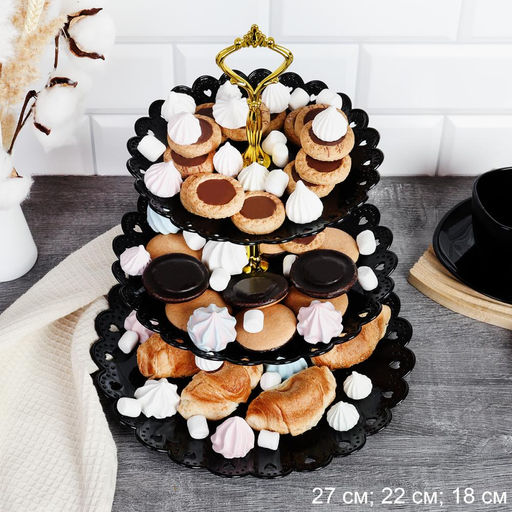 Ваза для фруктов 3-х ярусная 18/22/27 Круг черная / D-1260 /уп 80/ Пластик - Галеонтрейд фото 2