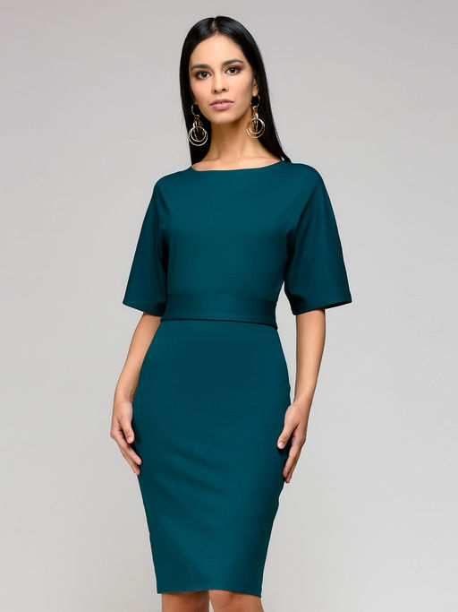 Платье изумрудное длины мини с поясом и рукавом летучая мышь - 1001dress фото 2