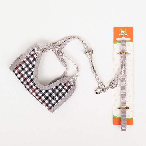 Комплект амуниции с мягкой шлейкой, поводок 120 х 1 см, ОГ 34-58 см, синяя клетка - Пижон фото 10
